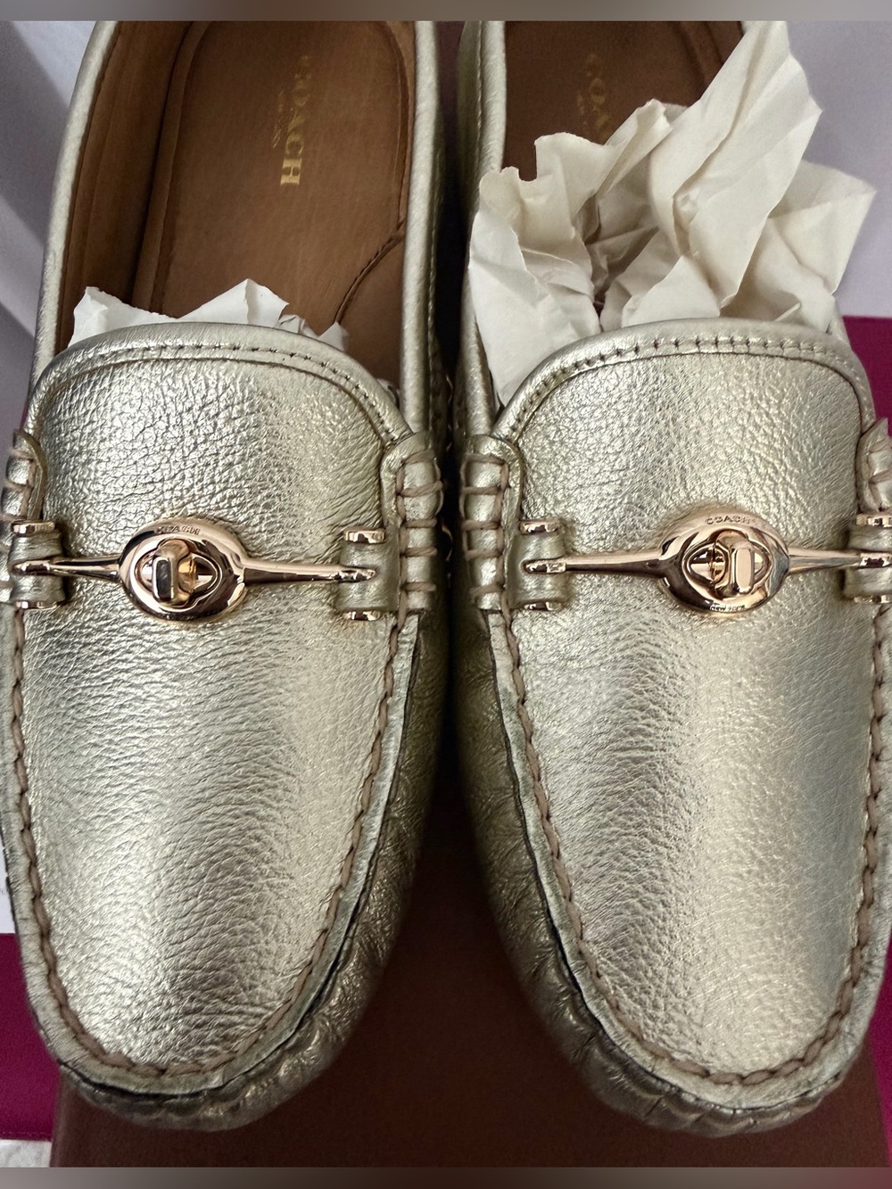 Coach Metallic Platinum Pebbled Leather Driving Moccasins with Bit Hardware 8.5M - Picture 5 of 13